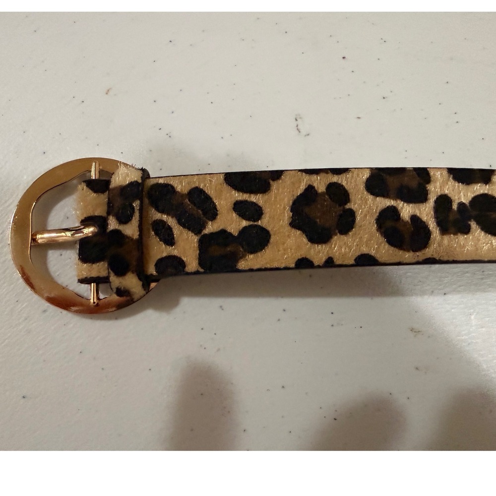 Leopard Print Belt Gold Round Buckle Tan Brown Animal Pattern Calf Hair Style